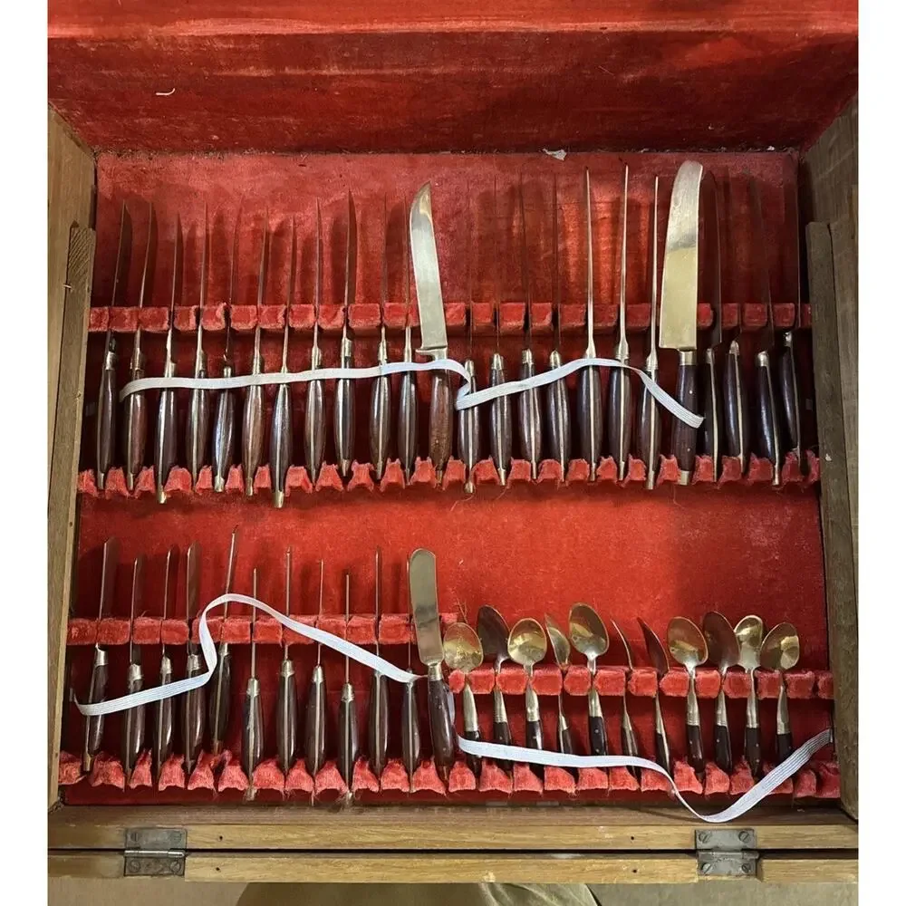 Vintage Thai Brass and Rosewood Flatware Set In Box - Svc for Twelve 142 PC READ